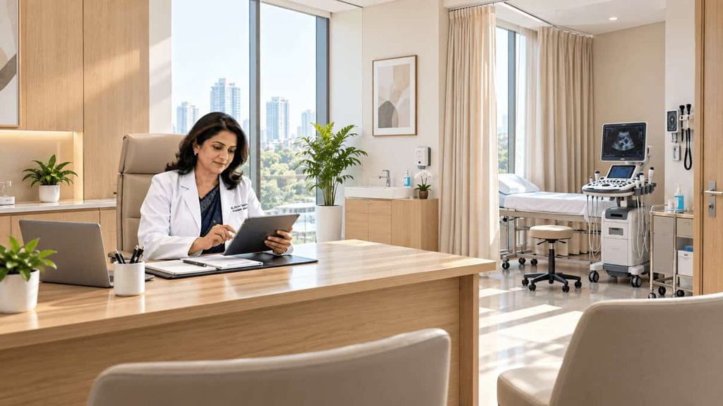 Senior medical consultant in a sunlit executive private outpatient suite, representing hypothecation-free clinic setup and medical equipment acquisition via high-value personal loans.