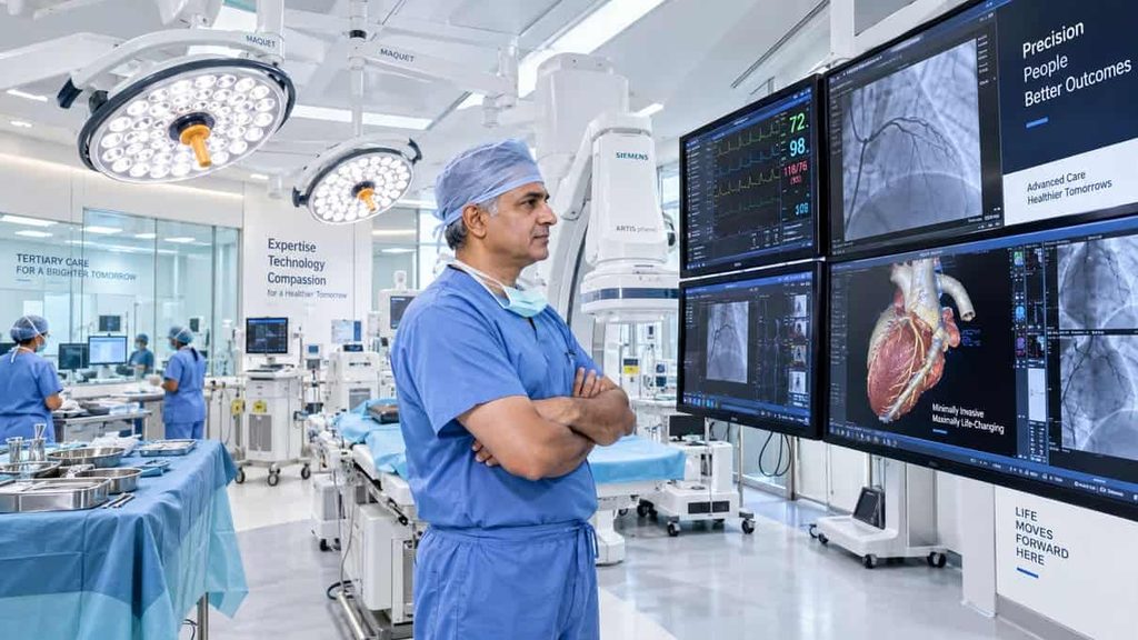 Senior surgical oncologist in a brightly lit modern hybrid operating suite at a premier tertiary hospital, eligible for high-ticket unsecured doctor loans in Delhi NCR.